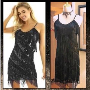 1920S GATSBY V-NECK SEQUINED LAYERED FRINGE FLAPPER MIDI
DRESS - BLACK